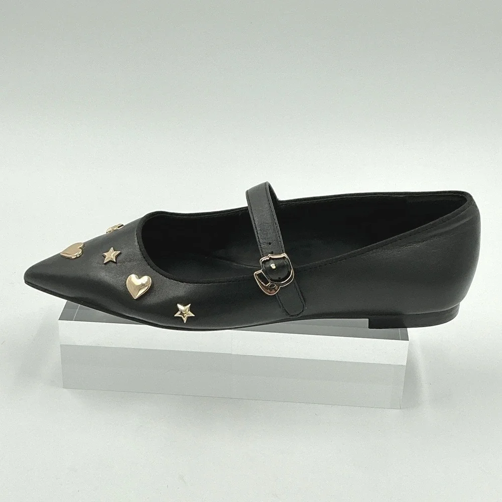 Karl Lagerfeld Paris Size 7 Black Leather Mary Jane Flats Gold Studs Veyda